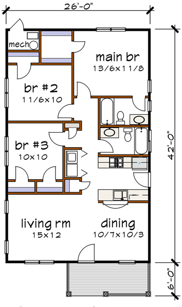 Bungalow Style House Plan 3 Beds 2 Baths 1092 Sq/Ft Plan