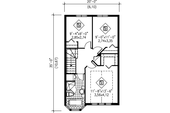 Floor Plan - Upper Floor for European House Plan #25-2034 - 3 bed, 1.5 bath