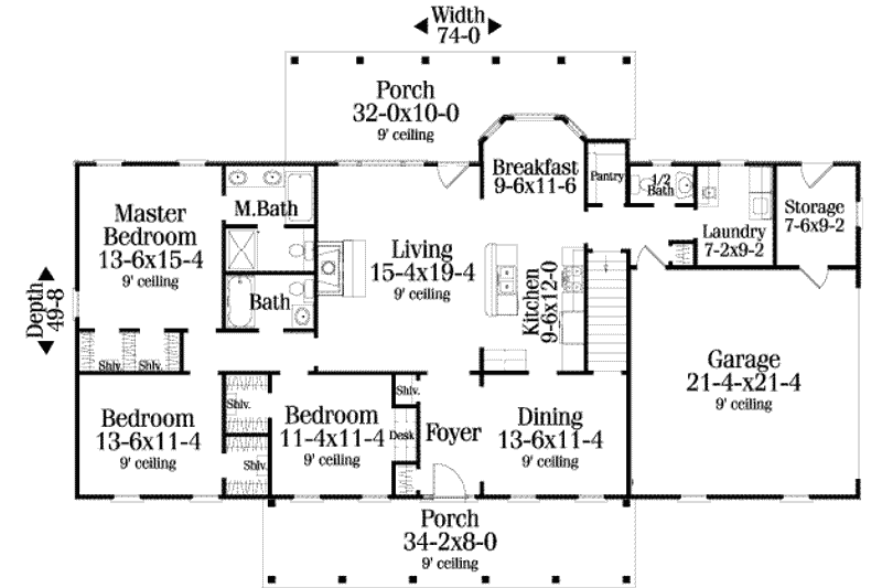 House Design - Floor Plan - Main Floor for Country House Plan #406-134 - 3 bed, 2.5 bath