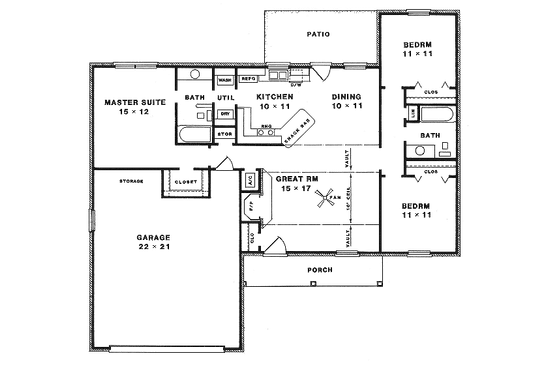 Floor Plan - Main Floor for Ranch House Plan #14-142 - 3 bed, 2 bath