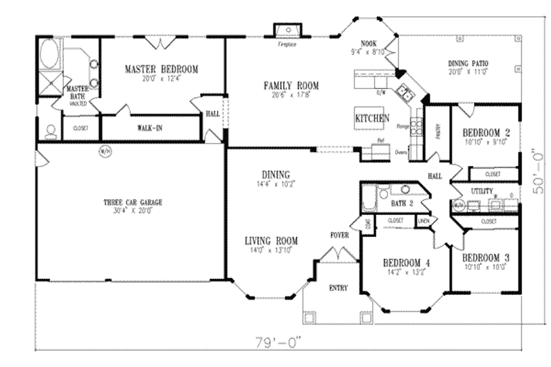 House Blueprint - Floor Plan - Main Floor for Mediterranean House Plan #1-549 - 4 bed, 2 bath