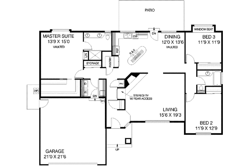 Home Plan - Floor Plan - Main Floor for Traditional House Plan #60-510 - 3 bed, 2 bath