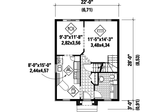 Floor Plan - Main Floor for European House Plan #25-4721 - 2 bed, 1 bath