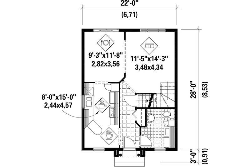 House Blueprint - Floor Plan - Main Floor for European House Plan #25-4721 - 2 bed, 1 bath