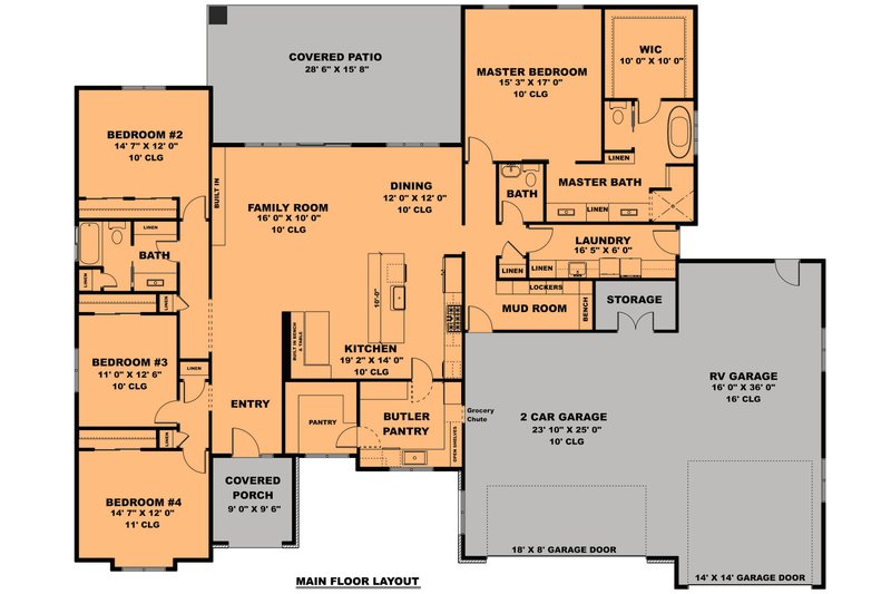 House Blueprint - Floor Plan - Main Floor for Contemporary House Plan #1111-1 - 4 bed, 2.5 bath