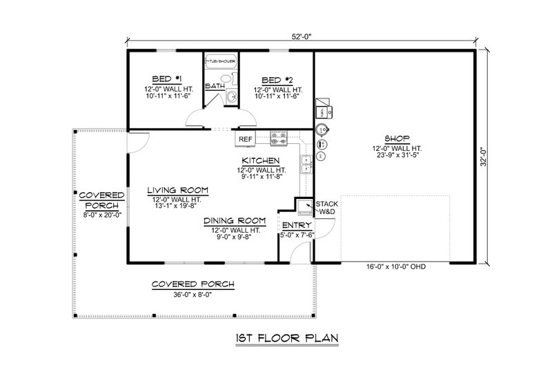Architectural House Design - Floor Plan - Main Floor for Barndominium House Plan #1064-282 - 2 bed, 1 bath