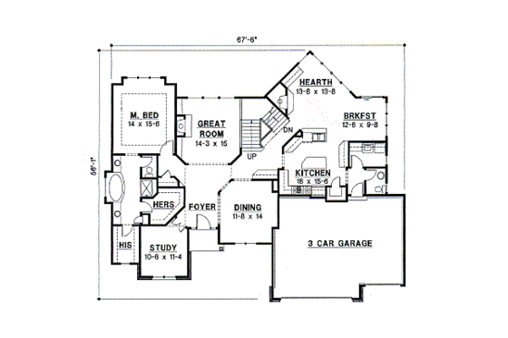 Floor Plan - Main Floor for Traditional House Plan #67-327 - 4 bed, 3 bath