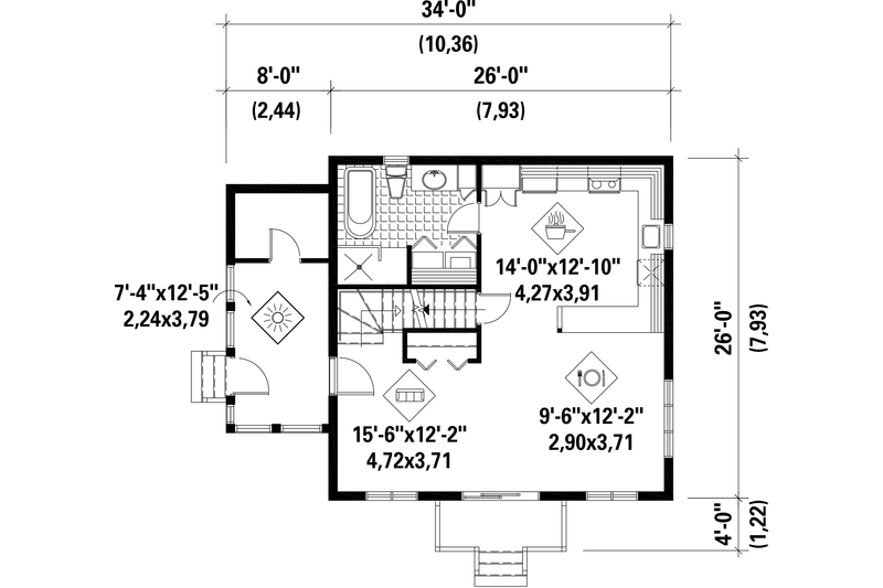 House Design - Floor Plan - Main Floor for Cabin House Plan #25-4411 - 2 bed, 1 bath