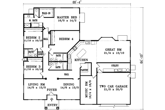 Floor Plan - Main Floor for Adobe / Southwestern House Plan #1-1206 - 4 bed, 4 bath