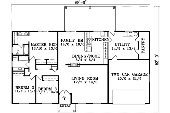 Floor Plan - Main Floor for Ranch House Plan #1-1395 - 3 bed, 2 bath