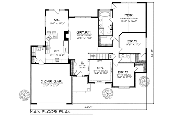 Floor Plan - Main Floor for Traditional House Plan #70-335 - 3 bed, 2 bath