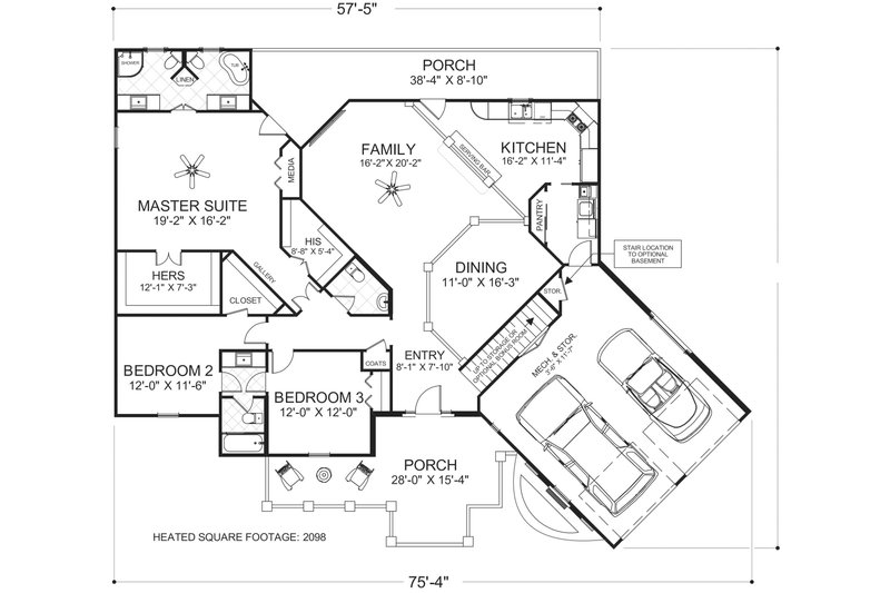 House Blueprint - Floor Plan - Main Floor for Craftsman House Plan #56-718 - 3 bed, 2.5 bath