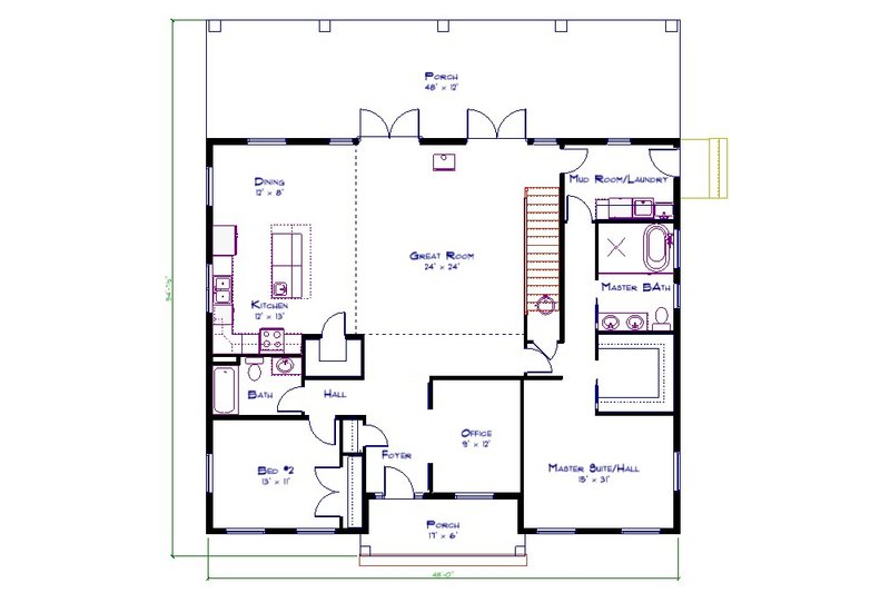 House Blueprint - Floor Plan - Main Floor for Barndominium House Plan #1115-1 - 4 bed, 3 bath
