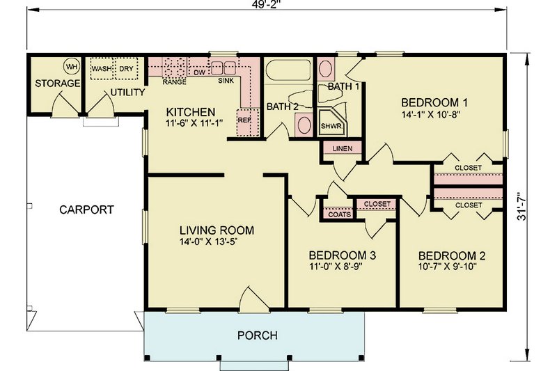 House Blueprint - Floor Plan - Main Floor for Traditional House Plan #54-636 - 3 bed, 2 bath
