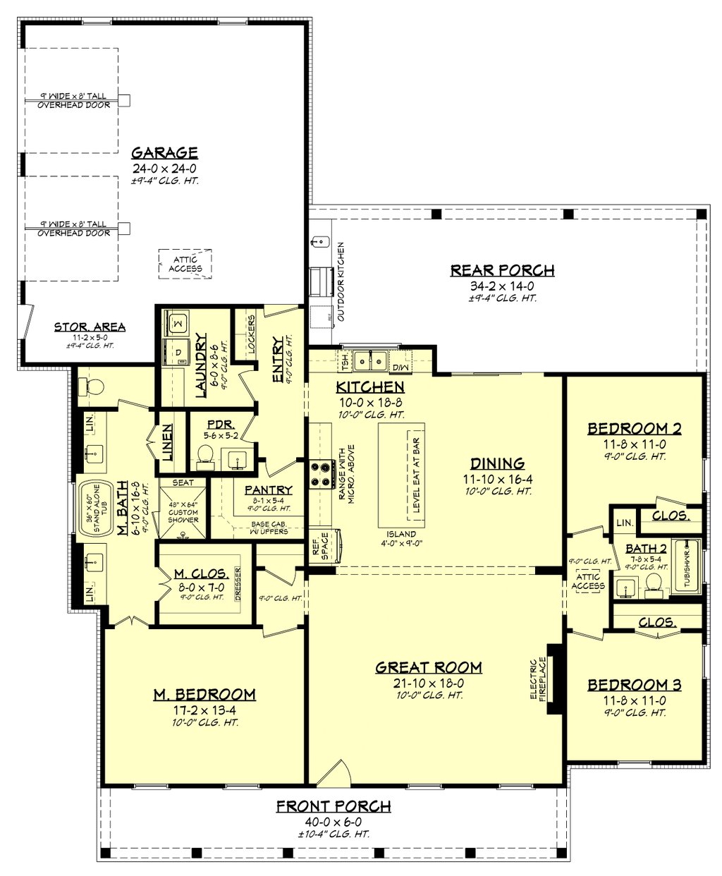 Floor plan of a house with a great room, dining room, three bedrooms, and porches