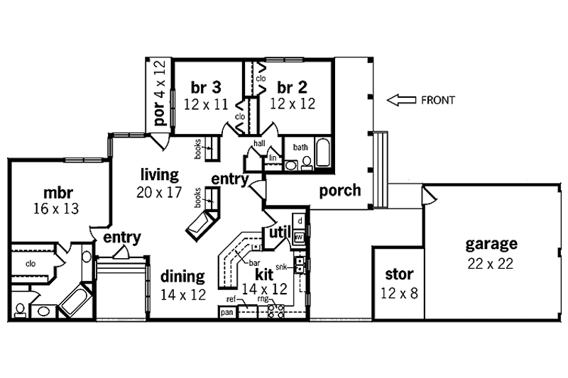 Home Plan - Floor Plan - Main Floor for Traditional House Plan #45-416 - 3 bed, 2 bath