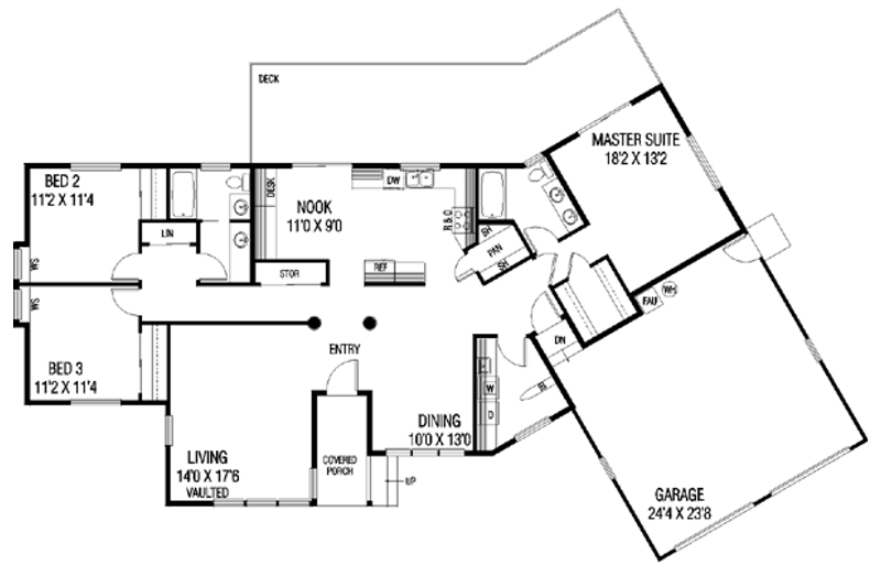 House Design - Floor Plan - Main Floor for Ranch House Plan #60-135 - 3 bed, 2 bath