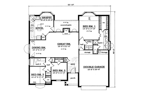 Floor Plan - Main Floor for Traditional House Plan #42-117 - 3 bed, 2 bath