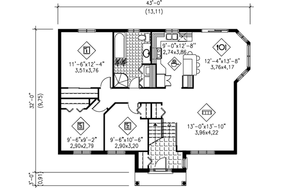 Floor Plan - Main Floor for Traditional House Plan #25-1040 - 3 bed, 1 bath