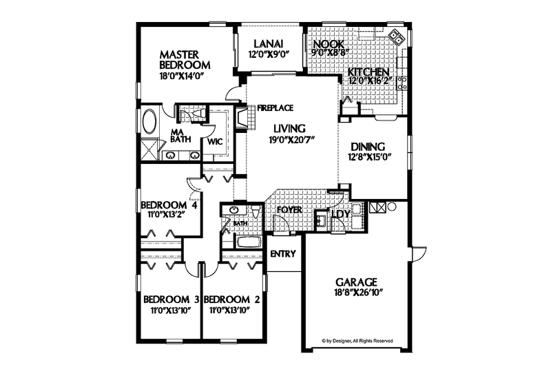 Architectural House Design - Floor Plan - Main Floor for Ranch House Plan #999-37 - 4 bed, 2 bath