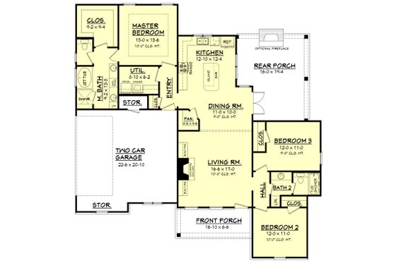 Floor Plan - Main Floor for Ranch House Plan #430-108 - 3 bed, 2 bath