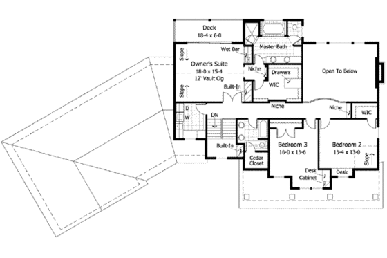 Country house plan with Craftsman details, upper floor plan