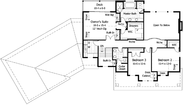 Country house plan with Craftsman details, upper floor plan