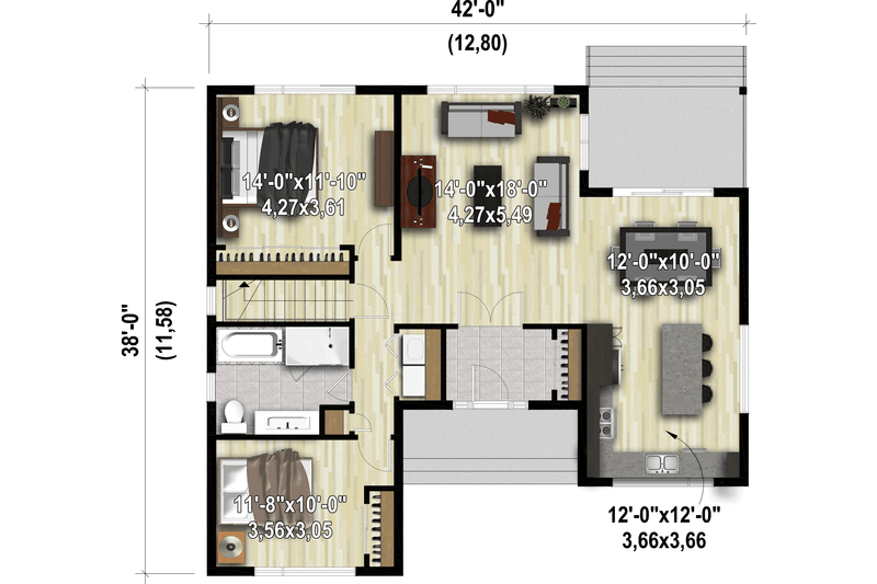 Home Plan - Floor Plan - Main Floor for Contemporary House Plan #25-4920 - 2 bed, 1 bath