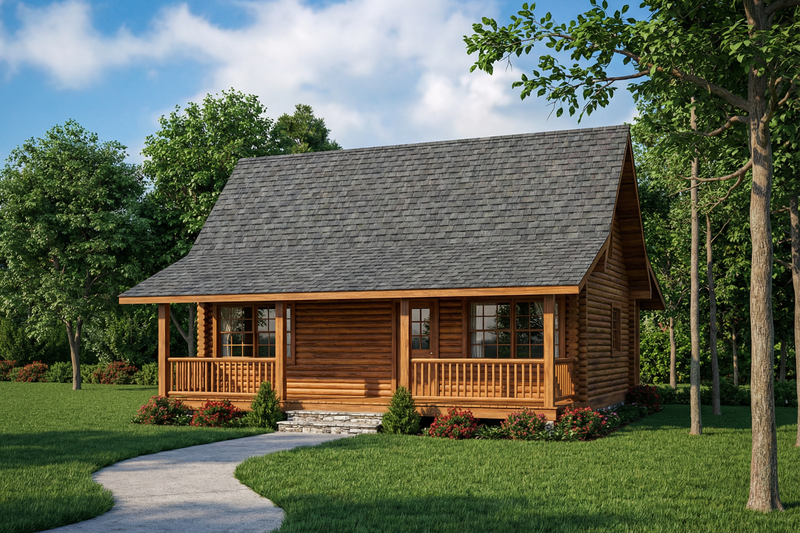 Exterior - Front Elevation 2 for Log House Plan #17-2935 - 2 bed, 1 bath