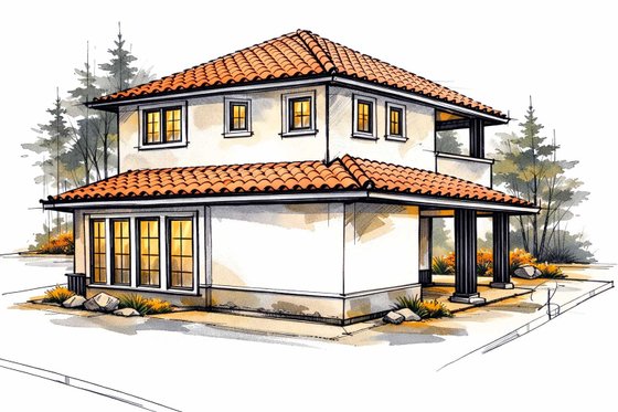Exterior - Front Elevation 4 for Mediterranean House Plan #1101-62 - 2 bed, 2.5 bath