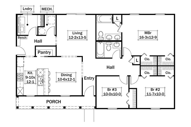 House Plan Design - Floor Plan - Main Floor for Farmhouse House Plan #57-701 - 3 bed, 2 bath