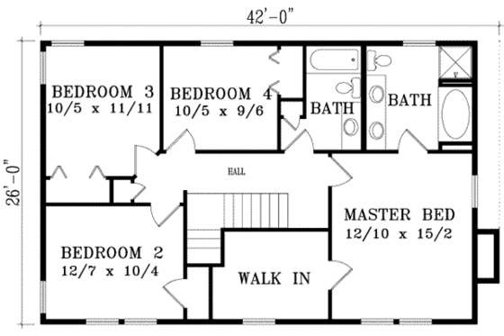Floor Plan - Upper Floor for Colonial House Plan #1-1040 - 4 bed, 2.5 bath