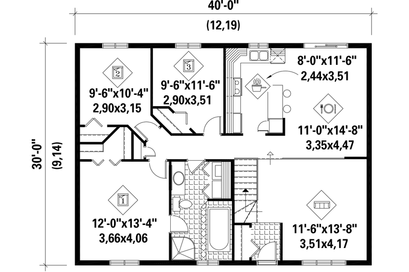 House Blueprint - Floor Plan - Main Floor for Country House Plan #25-4814 - 3 bed, 1 bath