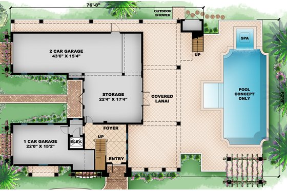 Floor Plan - Lower Floor for Mediterranean House Plan #27-450 - 2 bed, 2.5 bath