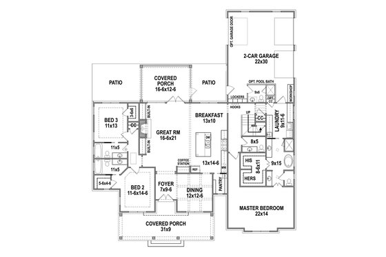 Floor Plan - Main Floor for Farmhouse House Plan #119-434 - 3 bed, 3.5 bath