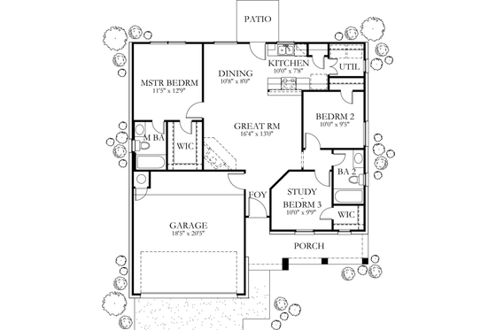 Floor Plan - Main Floor for Mediterranean House Plan #80-131 - 3 bed, 2 bath