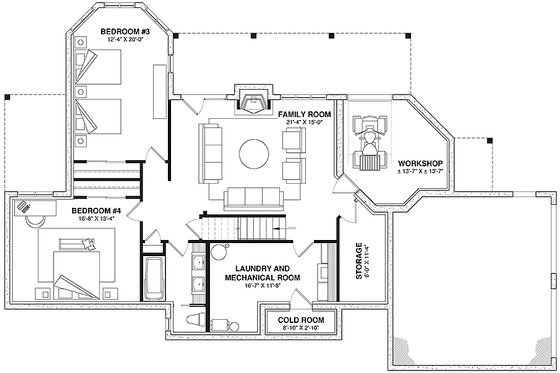 Floor Plan - Lower Floor for Cottage House Plan #23-2069 - 4 bed, 3.5 bath