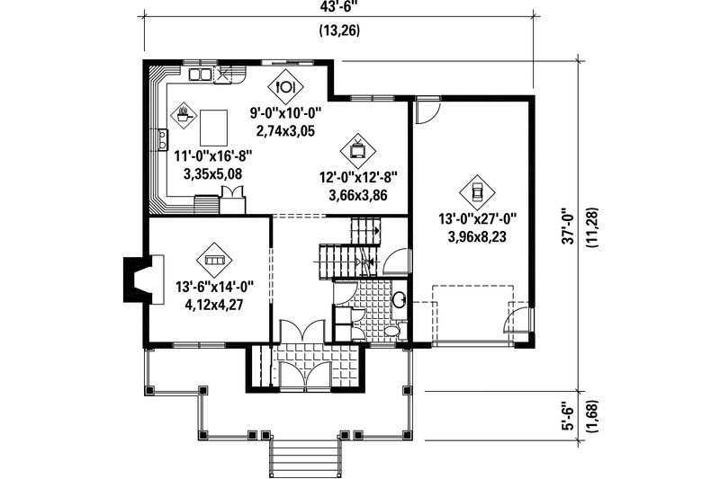 House Blueprint - Floor Plan - Main Floor for Country House Plan #25-4600 - 3 bed, 1 bath