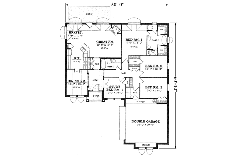 House Blueprint - Floor Plan - Main Floor for Traditional House Plan #42-644 - 4 bed, 2 bath