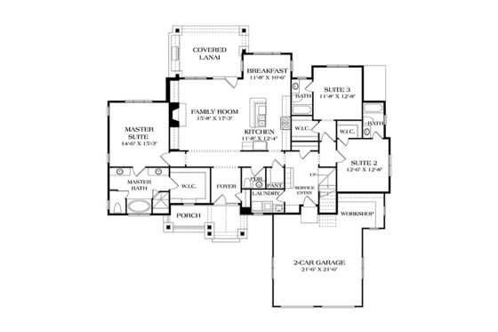 Floor Plan - Main Floor for Craftsman House Plan #453-615 - 3 bed, 3.5 bath
