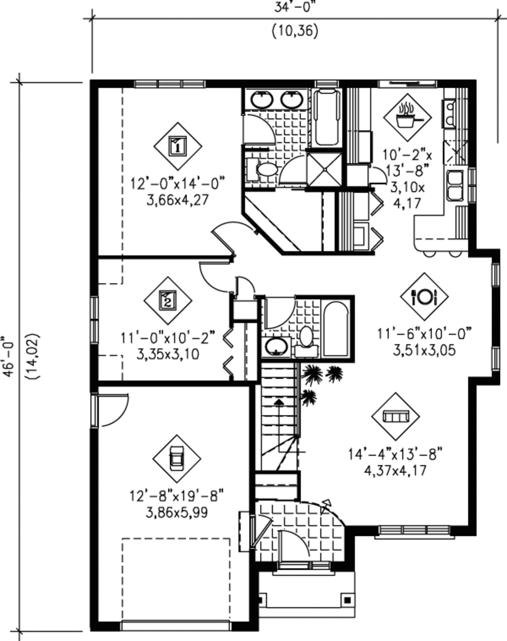 Traditional Style House Plan - 2 Beds 2 Baths 1100 Sq/Ft Plan #25-126