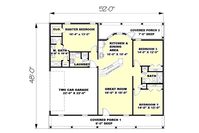 Architectural House Design - Floor Plan - Main Floor for Southern House Plan #44-133 - 3 bed, 2 bath