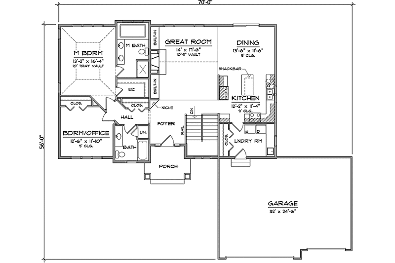 House Blueprint - Floor Plan - Main Floor for Prairie House Plan #981-13 - 2 bed, 2 bath