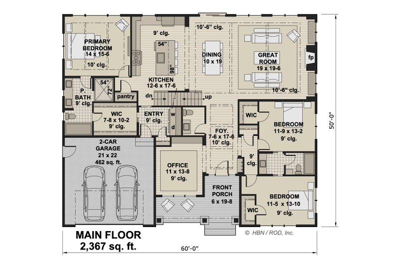 House Blueprint - Floor Plan - Main Floor for Craftsman House Plan #51-1244 - 3 bed, 2.5 bath