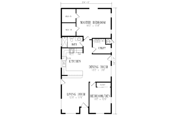 Floor Plan - Main Floor for Ranch House Plan #1-199 - 2 bed, 1 bath