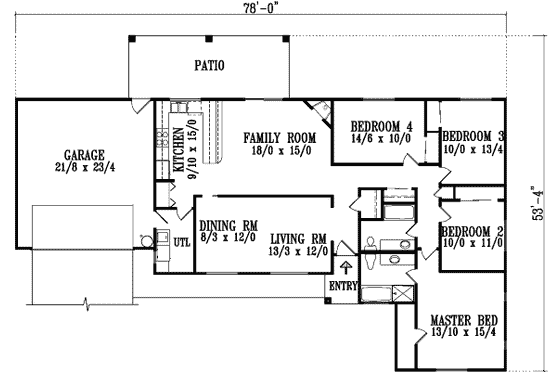 Floor Plan - Main Floor for Traditional House Plan #1-707 - 4 bed, 2 bath
