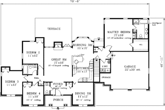 Floor Plan - Main Floor for Ranch House Plan #3-157 - 4 bed, 2.5 bath