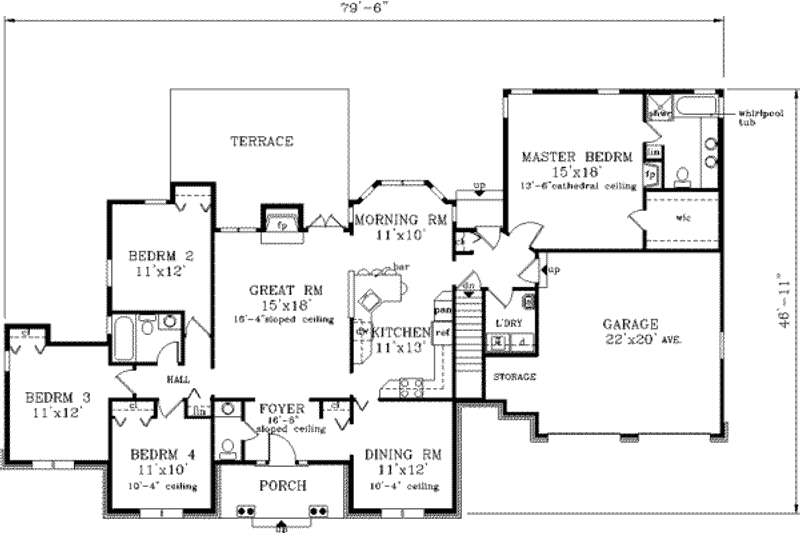 House Blueprint - Floor Plan - Main Floor for Ranch House Plan #3-157 - 4 bed, 2.5 bath