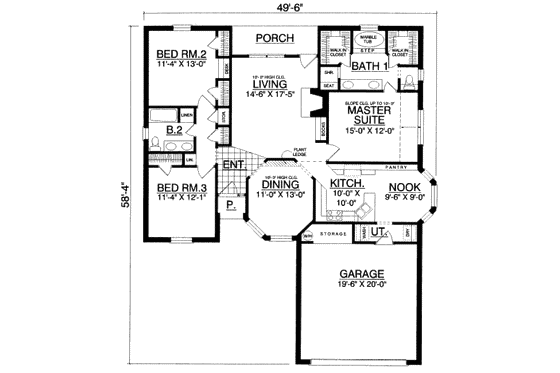 Floor Plan - Main Floor for Traditional House Plan #40-214 - 3 bed, 2 bath