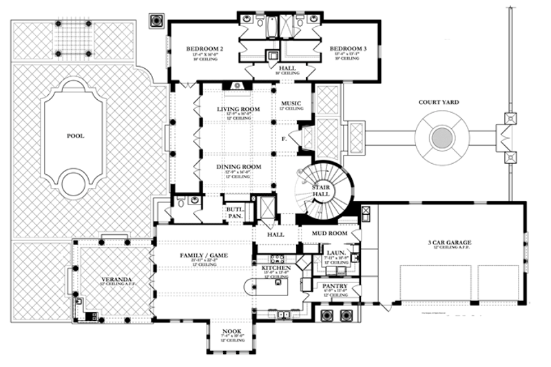 House Plan Design - Floor Plan - Main Floor for Mediterranean House Plan #1058-14 - 3 bed, 4.5 bath